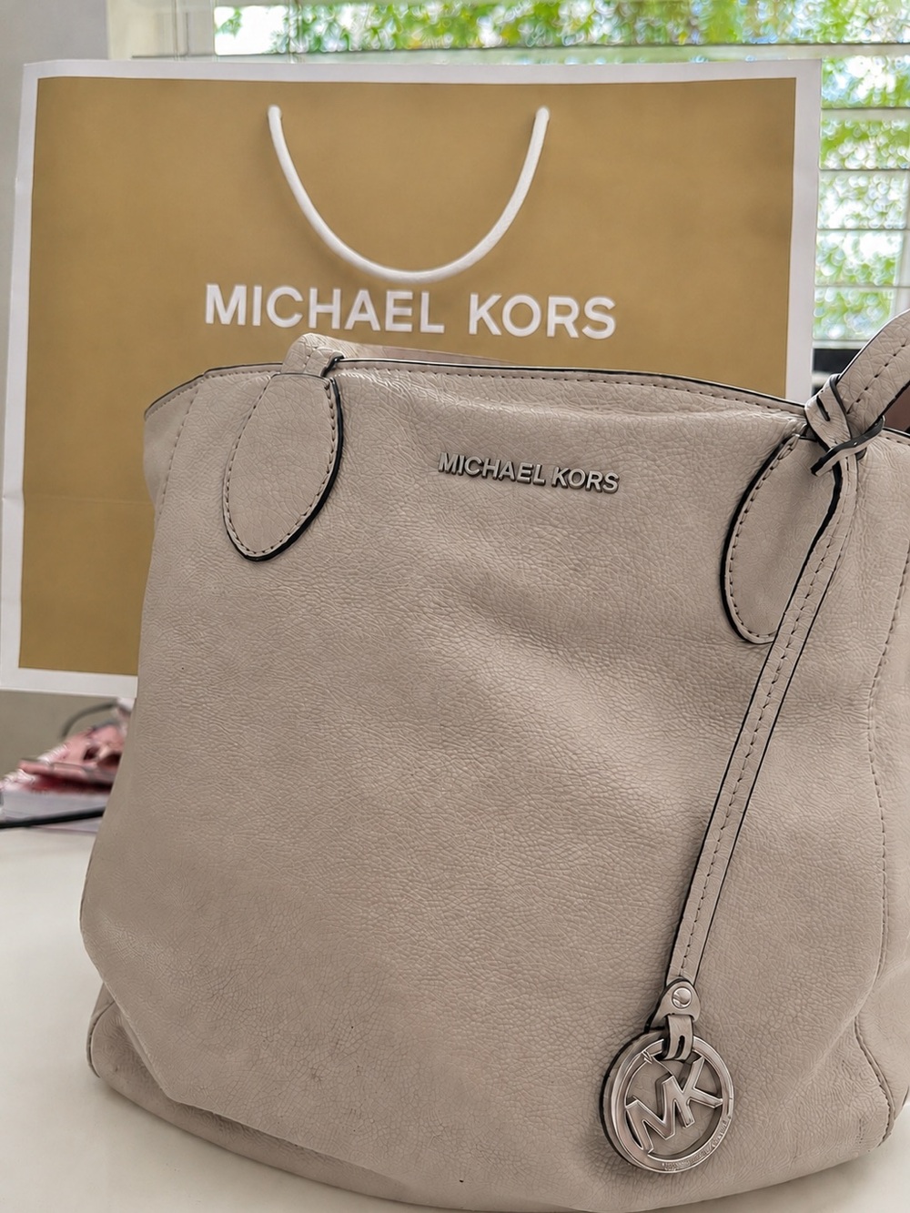 Michael Kors Pebbled Leather Tote in Light Gray with MK Charm